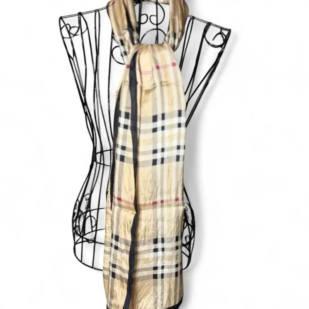 Vintage House Check Silk Blend Lightweight Scarf Beige Plaid. No tags